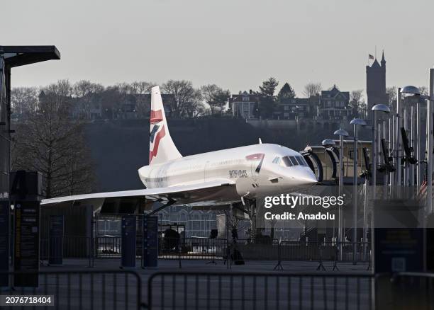 Retired British Airways Concorde supersonic airliner is brought back to the Intrepid Museum on March 14, 2024 in New York City. The Concorde, one of...