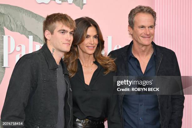 Businessman Rande Gerber, US model and actress Cindy Crawford and their son US model Presley Walker Gerber attend Apple TV+'s "Palm Royale" series...