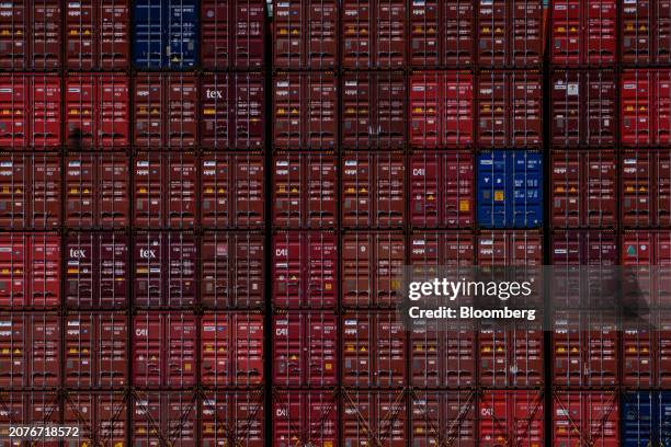 Shipping containers at the Port of Los Angeles in Wilmington, California, US, on Thursday, March 14, 2024. Officials are visiting the port to discuss...