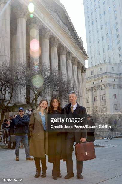 Jordana Spiro, Mariska Hargitay and Peter Scanavino are seen at the film set of the 'Law and Order: Special Victims Unit' TV Series on March 14, 2024...