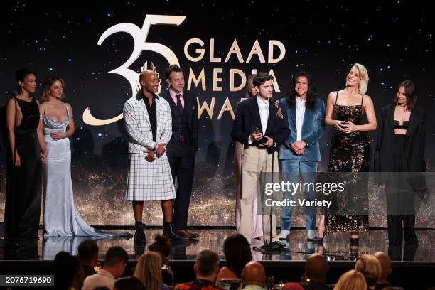 Jason Sudeikis, Juno Temple, Billy Harris, Cristo Fernández, Hannah Waddingham and Jodi Balfour accept the award for Outstanding Comedy Series for...