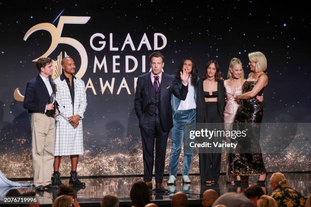 Billy Harris, Jason Sudeikis, Cristo Fernández, Jodi Balfour, Juno Temple and Hannah Waddingham accept the award for Outstanding Comedy Series for...