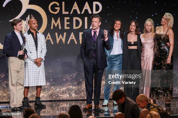 Billy Harris, Jason Sudeikis, Cristo Fernández, Jodi Balfour, Juno Temple and Hannah Waddingham accept the award for Outstanding Comedy Series for...