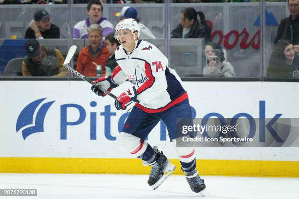 Washington Capitals defenseman John Carlson skates during an NHL game between the Seattle Kraken and the Washington Capitals on March 14, 2024 at...