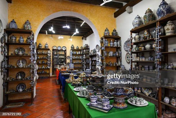 Store displaying authentic Talavera pottery made from Puebla stoneware, on December 7 in Puebla, Puebla State, Mexico.