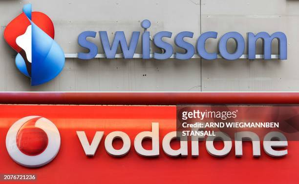 This combination of file photographs created on March 15, 2024 shows the logo of Swiss telecommunication company Swisscom in Zurich on February 28,...