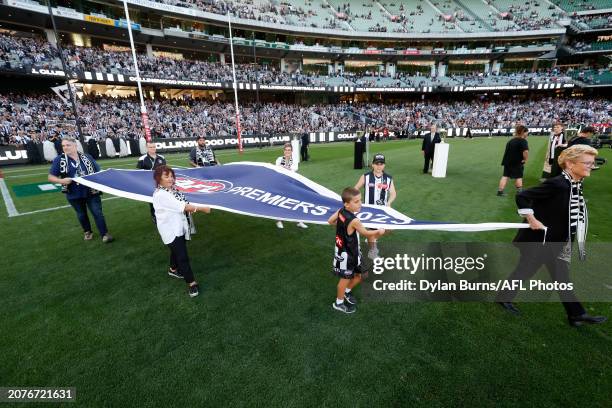 Collingwood's 2023 Premiership Flag is seen during the 2024 AFL Round 01 match between the Collingwood Magpies and the Sydney Swans at the Melbourne...