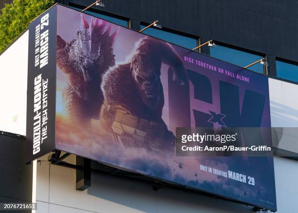 General views of the "Godzilla x Kong: The New Empire" skyscraper billboard campaign at Hollywood & Highland on March 14, 2024 in Hollywood,...