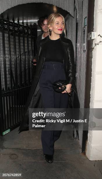 Sienna Miller and Oli Green seen leaving Cabaret the Musical London opening night at Kit Kat Club on March 11, 2024 in London, England.