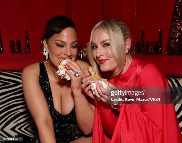 Ashley Graham and Lindsey Vonn attend the 2024 Vanity Fair Oscar Party Hosted By Radhika Jones at Wallis Annenberg Center for the Performing Arts on...