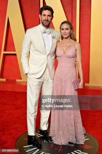 John Krasinski and Emily Blunt attend the 2024 Vanity Fair Oscar Party Hosted By Radhika Jones at Wallis Annenberg Center for the Performing Arts on...