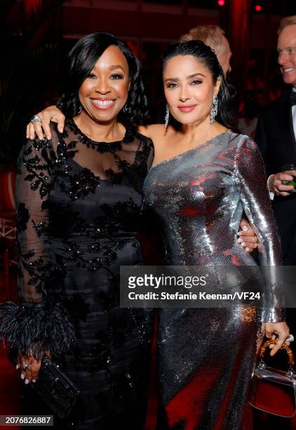 Shonda Rhimes and Salma Hayek attend the 2024 Vanity Fair Oscar Party Hosted By Radhika Jones at Wallis Annenberg Center for the Performing Arts on...