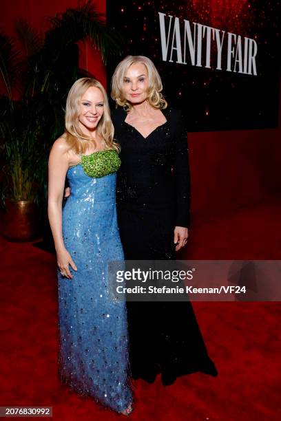 Kylie Minogue and Jessica Lange attend the 2024 Vanity Fair Oscar Party Hosted By Radhika Jones at Wallis Annenberg Center for the Performing Arts on...