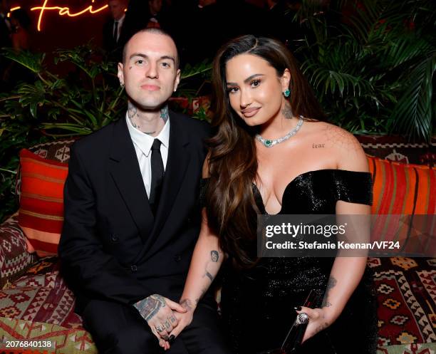 Jordan Lutes and Demi Lovato attend the 2024 Vanity Fair Oscar Party Hosted By Radhika Jones at Wallis Annenberg Center for the Performing Arts on...
