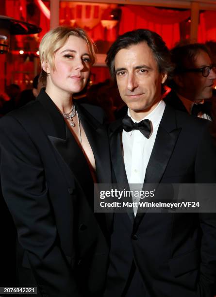 Greta Gerwig and Noah Baumbach attend the 2024 Vanity Fair Oscar Party Hosted By Radhika Jones at Wallis Annenberg Center for the Performing Arts on...