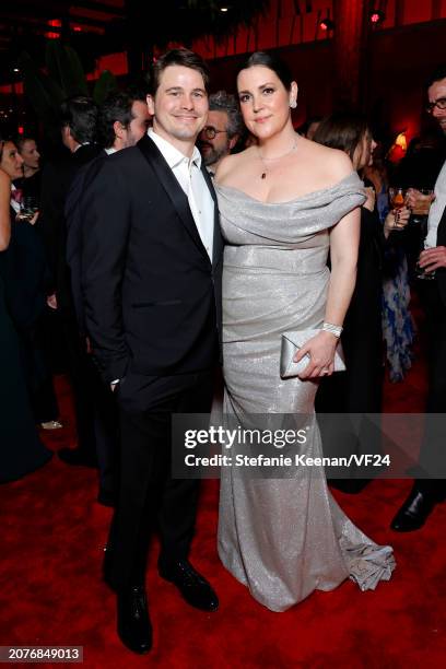 Jason Ritter and Melanie Lynskey attend the 2024 Vanity Fair Oscar Party Hosted By Radhika Jones at Wallis Annenberg Center for the Performing Arts...