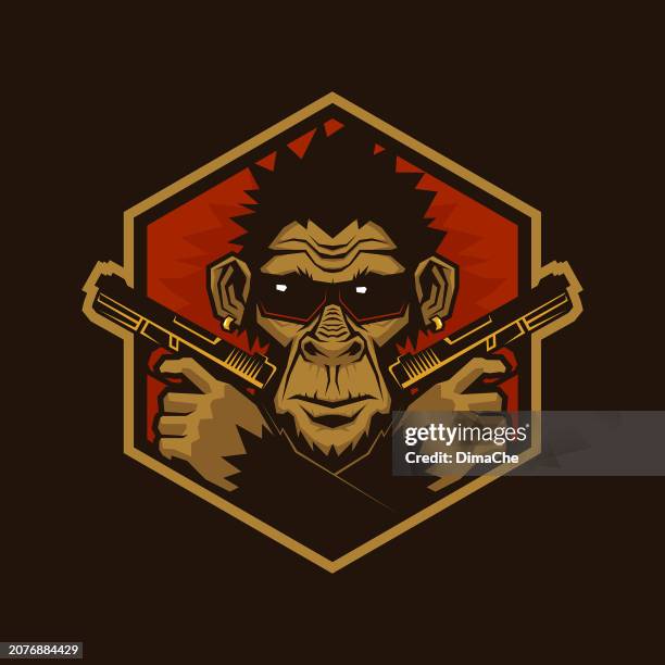 monkey, gorilla, ape in sunglasses and earrings with guns. gangster monkey character mascot - ape gun stock illustrations