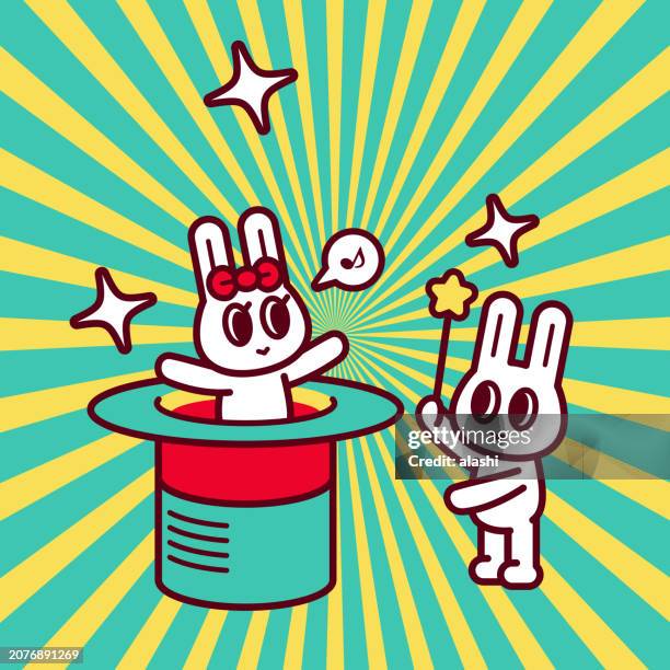 illustrations, cliparts, dessins animés et icônes de un lapin mignon agite une baguette magique et une lapine sort d’un grand chapeau magique - tour de magie