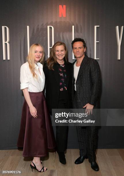 Dakota Fanning, Krista Smith and Andrew Scott attend Ripley LA Tastemaker | Netflix at NYA WEST on March 04, 2024 in Los Angeles, California.