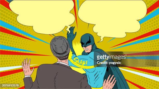 vector retro pop art superhero slaps a man meme template stock illustration - slapping stock illustrations