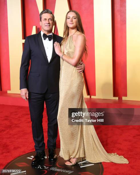 Jon Hamm and Anna Osceola attend the 2024 Vanity Fair Oscar Party hosted by Radhika Jones at Wallis Annenberg Center for the Performing Arts on March...