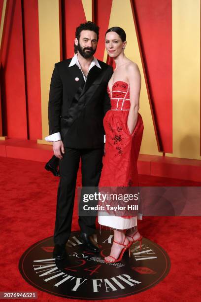 Morgan Spector and Rebecca Hall attend the 2024 Vanity Fair Oscar Party hosted by Radhika Jones at Wallis Annenberg Center for the Performing Arts on...