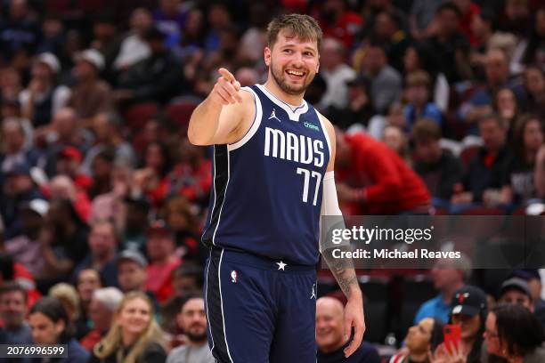 Luka Doncic of the Dallas Mavericks reacts against the Chicago Bulls during the second half at the United Center on March 11, 2024 in Chicago,...