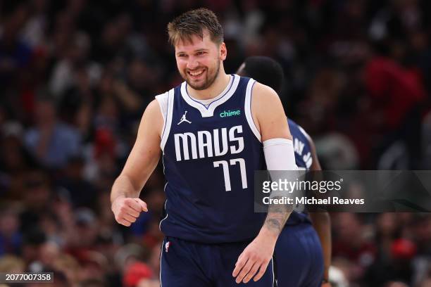Luka Doncic of the Dallas Mavericks reacts against the Chicago Bulls during the second half at the United Center on March 11, 2024 in Chicago,...