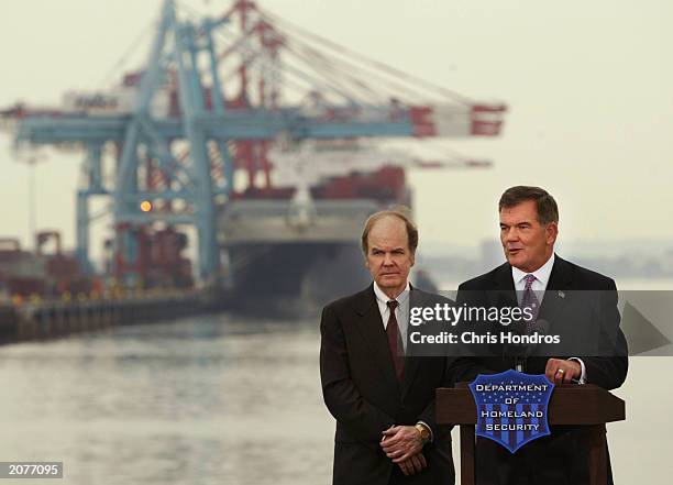 Homeland Security Secretary Tom Ridge, and U.S. Customs Commissioner Robert Bonner appear at a news conference June 12, 2003 in at Port Elizabeth in...