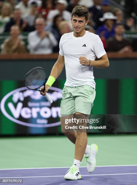 Luca Nardi of Italy celebrates a point against Novak Djokovic of Serbia in their third round match during the BNP Paribas Open at Indian Wells Tennis...