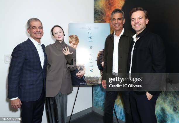 Victor Levin, Andrea Riseborough, Michael London and Lorenzo De Maio attend the Los Angeles premiere of "Alice & Jack" at WME screening room on March...