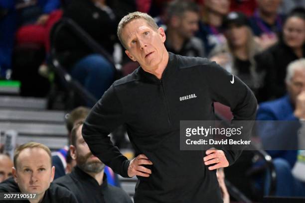Head coach Mark Few of the Gonzaga Bulldogs looks on in the first half of a semifinal game against the San Francisco Dons during the West Coast...