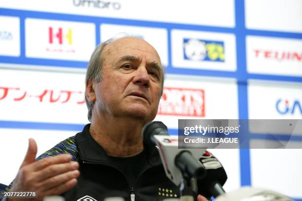 Head coach Levir Culpi of Gamba Osaka speaks at the post match press conference after the J.League J1 match between Gamba Osaka and Vissel Kobe at...