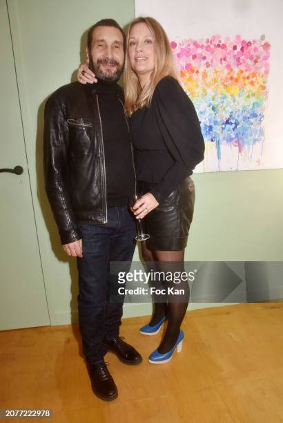Painter Caroline Faindt and her companion actor Zinedine Soualem attend «Essentielle» Caroline Faindt's Preview at Wonder Nature on March 11, 2024 in...