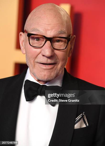 Patrick Stewart arrives at the 2024 Vanity Fair Oscar Party Hosted By Radhika Jones at Wallis Annenberg Center for the Performing Arts on March 10,...