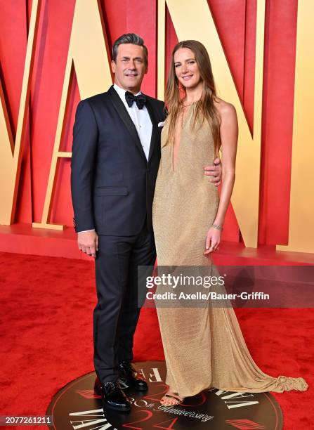 Jon Hamm and Anna Osceola attend the 2024 Vanity Fair Oscar Party hosted by Radhika Jones at Wallis Annenberg Center for the Performing Arts on March...