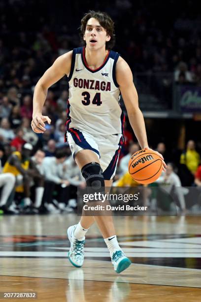 Braden Huff of the Gonzaga Bulldogs handles the ball against the San Francisco Dons in the second half of a semifinal game of the West Coast...