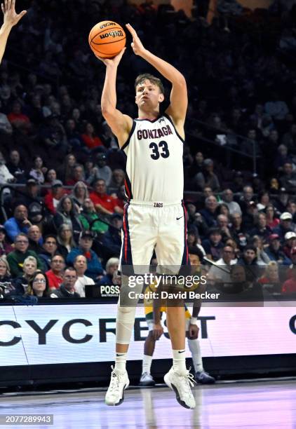 Ben Gregg of the Gonzaga Bulldogs shoots for a 3-point basket against the San Francisco Dons in the second half of a semifinal game of the West Coast...