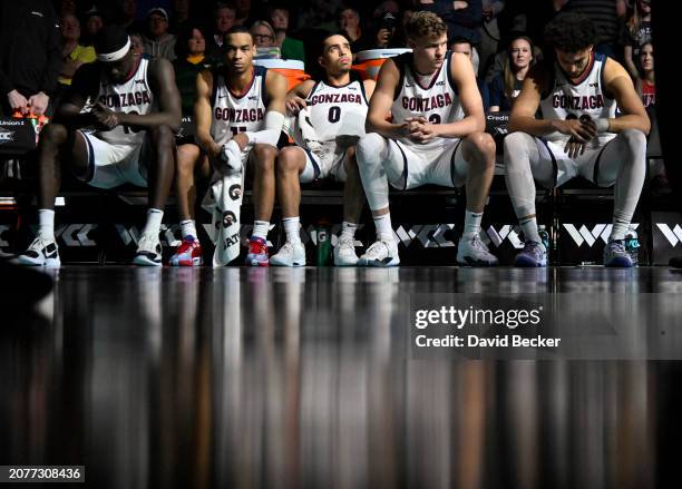 Graham Ike, Nolan Hickman, Ryan Nembhard, Ben Gregg and Anton Watson of the Gonzaga Bulldogs wait for their introduction before a semifinal game...