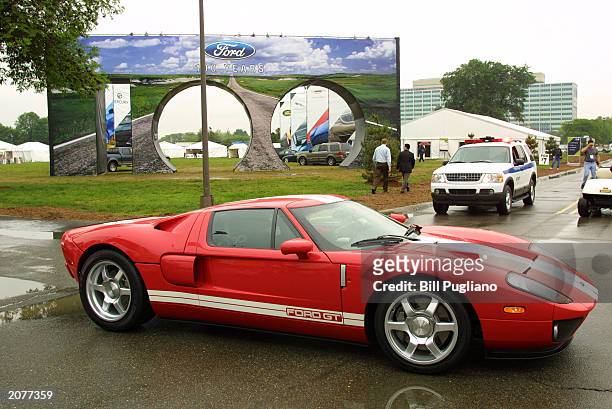 Ford GT is shown during opening ceremonies for Ford's centennial celebration June 12, 2003 in Dearborn, Michigan. Company Chief Executive Bill Ford,...