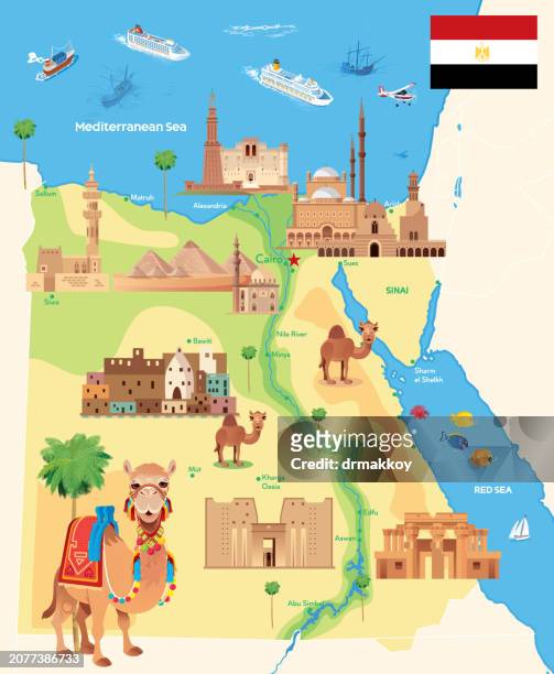egypt travel map - nile river stock illustrations