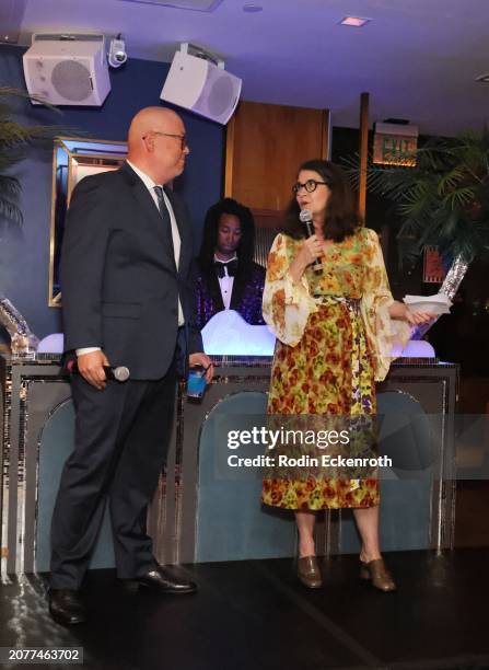 Peter Sohn and Denise Ream speak during Disney & Pixar's Elemental Nominee Celebration at Bar Lis on March 09, 2024 in Los Angeles, California.