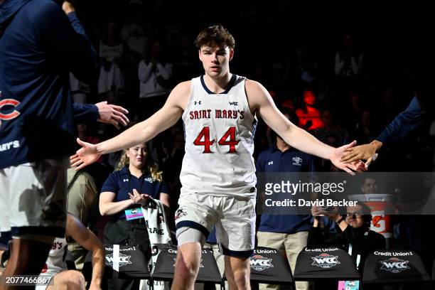 Alex Ducas of the Saint Mary's Gaels is introduced before a semifinal game against the Santa Clara Broncos during of the West Coast Conference...