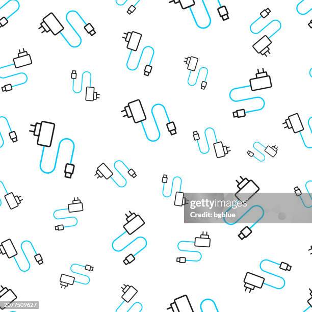 mobile phone charger. seamless pattern. line icons on white background - iphone charging cable stock illustrations