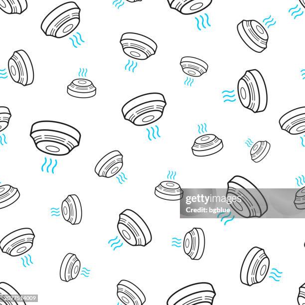 ilustraciones, imágenes clip art, dibujos animados e iconos de stock de detector de humo. patrón sin costuras. iconos de línea sobre fondo blanco - smoke-detector-with-smoke