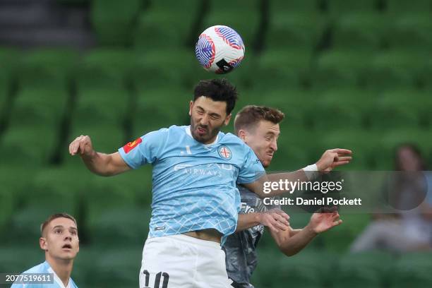 Tolgay Arslan of Melbourne City heads the ball during the A-League Men round 12 match between Melbourne City and Western Sydney Wanderers at AAMI...