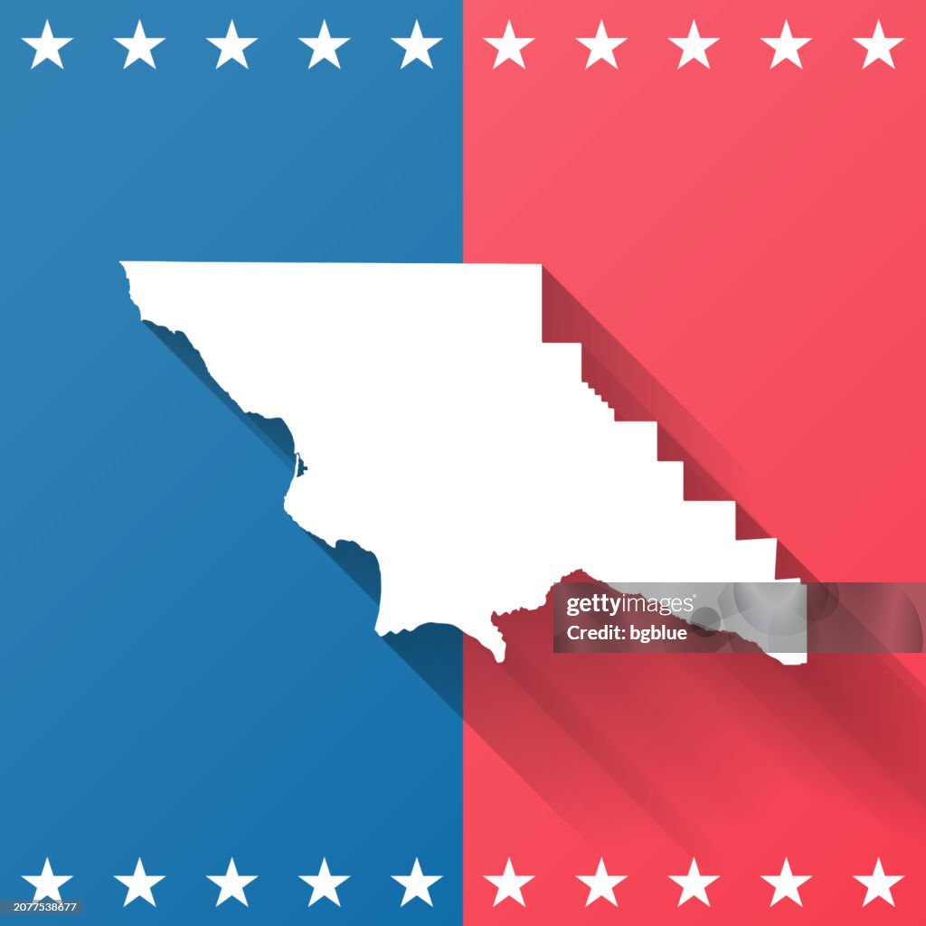 San Luis Obispo County, California. Map on blue and red background