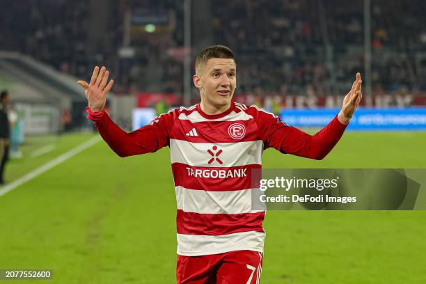 Christos Tzolis of Fortuna Duesseldorf gestures during the Second Bundesliga match between Fortuna Düsseldorf and Hamburger SV at Merkur Spiel-Arena...