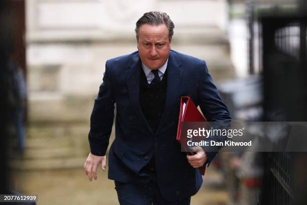 Foreign Secretary Lord Cameron arrives in Downing Street for the weekly cabinet meeting on March 12, 2024 in London, England.