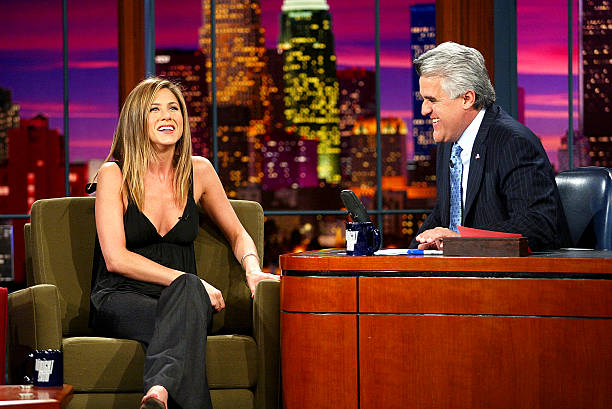 Actress Jennifer Aniston appears on "The Tonight Show with Jay Leno" at the NBC Studios on June 12, 2003 in Burbank, California.